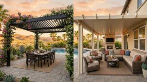 Side-by-side comparison of a modern pergola and solid patio cover in a Southern California backyard