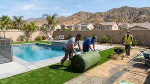 Fresh artificial turf installation in a California backyard with desert landscaping