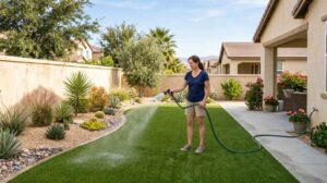 Homeowner rinsing artificial turf with garden hose for maintenance in Southern California