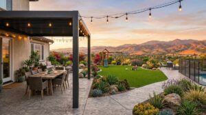 Complete backyard transformation with patio cover, artificial turf, and stamped concrete