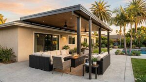 Modern insulated patio cover shading a Southern California backyard patio seating area