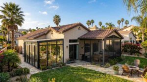Modern glass sunroom and screened patio enclosure side by side on a Southern California home