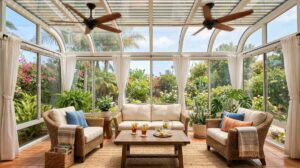 Cool sunroom with ceiling fan and Low-E glass during Southern California summer