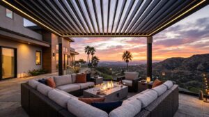 Louvered pergola with motorized louvers installed in Southern California