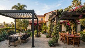 Louvered pergola vs traditional pergola comparison in Southern California backyard