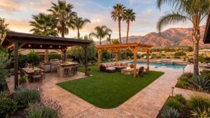 Complete outdoor living space design with patio cover, turf, and concrete in Inland Empire