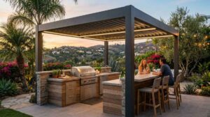 Custom pergola installation in a California backyard with outdoor dining