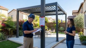Freestanding pergola in a Southern California backyard requiring building permits
