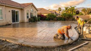 Professional crew installing stamped concrete patio at an Inland Empire home