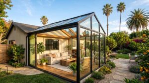 Modern sunroom addition on California home with glass walls and comfortable furniture